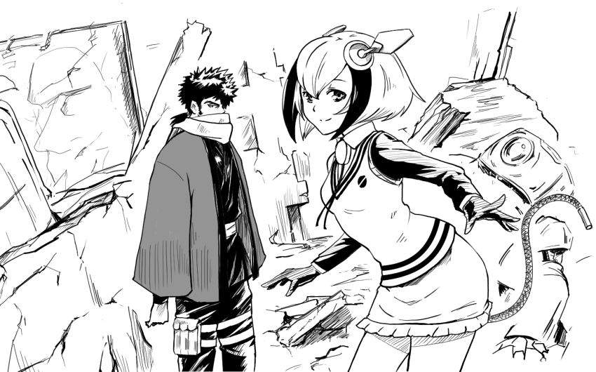 10s 1boy 1girl breasts coat dimension_w gloves hair_ornament japanese_clothes mabuchi_kyoma monochrome pants ponytail scarf short_hair skirt smile tail yurizaki_mira