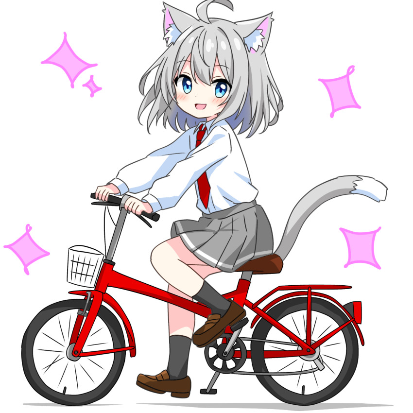 1girl :d ahoge animal_ear_fluff animal_ears bicycle black_socks blue_eyes blush brown_shoes cat_ears cat_girl cat_tail collared_shirt commentary_request dot_nose from_side full_body grey_hair grey_skirt highres kotatsu-mazoku long_sleeves looking_at_viewer necktie open_mouth original pleated_skirt red_necktie riding riding_bicycle school_uniform shirt shoes short_hair simple_background skirt smile socks solo sparkle tail white_background white_shirt