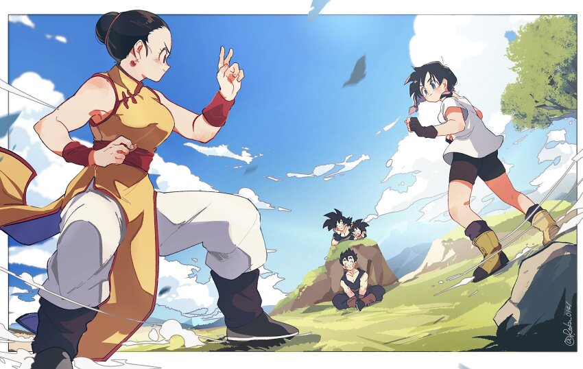 2girls 3boys black_hair blue_sky boots chi-chi_(dragon_ball) chinese_clothes dragon_ball dragonball_z family fighting_stance fingerless_gloves gloves hair_bun highres multiple_boys multiple_girls rock roku_(roku_0141) single_hair_bun sky sleeveless son_gohan son_goku son_goten videl wristband