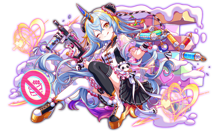 1girl absurdly_long_hair alternate_color alternate_costume alternate_hair_color alternate_horns anime_coloring ankle_boots apron aqua_hair artist_request asymmetrical_footwear asymmetrical_legwear big_hair black_boots black_collar black_skirt black_thighhighs blonde_hair blush boots bun_cover cake chinese_clothes collar crash_fever detached_collar enmaided food frilled_sleeves frilled_wrist_cuffs frills full_body game_cg gradient_tail gun heart high_heel_boots high_heels holding holding_gun holding_tray holding_weapon horns icing knot lace-up_boots logo long_hair looking_at_viewer maid maid_apron mandarin_collar miniskirt mismatched_footwear mismatched_legwear mismatched_thighhighs multicolored_boots multicolored_hair multicolored_tail official_alternate_color official_alternate_costume official_alternate_hair_color official_alternate_horns official_art one_eye_closed outline panda_ornament parted_lips pleated_skirt pom_pom_(clothes) pom_pom_footwear print_ribbon puffy_sleeves qilin_(crash_fever) red_outline red_ribbon red_trim ribbon ribbon-trimmed_wrist_cuffs see-through_clothes see-through_sleeves short_sleeves single_horn skirt solo star_(symbol) star_print streaked_hair striped_ribbon tachi-e tail tangzhuang thighhighs third-party_source transparent_background tray two-tone_boots two-tone_hair very_long_hair wavy_hair weapon weapon_request wedge_heels white_apron white_boots white_pom_poms white_ribbon white_thighhighs white_trim wrist_cuffs yellow_eyes