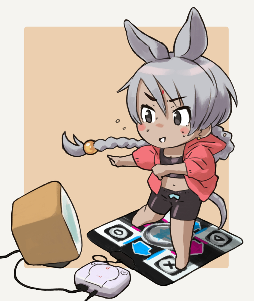 1girl alternate_costume animal_ears barefoot bemani bike_shorts black_eyes black_shorts black_sports_bra commentary_request dance_dance_revolution dancing dark_skin extra_ears facial_mark flying_sweatdrops forehead_mark game_console grey_hair highres hood hood_down hoodie indian_rhinoceros_(kemono_friends) kemono_friends long_braid long_hair open_clothes open_hoodie orange_hoodie playstation_1 rhinoceros_ears rhinoceros_girl shorts solo sports_bra sportswear sweatdrop tail toriny