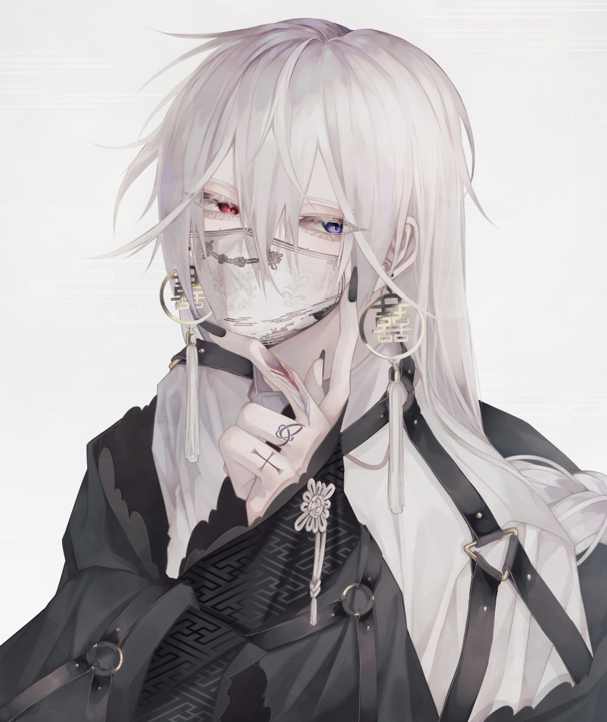 1boy absurdres black_jacket black_nails braid braided_ponytail commentary_request cross_tattoo earrings eyeshadow finger_tattoo hair_between_eyes heterochromia highres jacket jewelry long_hair makeup male_focus mask mole mole_under_eye original portrait purple_eyes red_eyes shirt solo tassel tassel_earrings tattoo white_background white_hair white_mask white_shirt wu_(user_sevs2252)