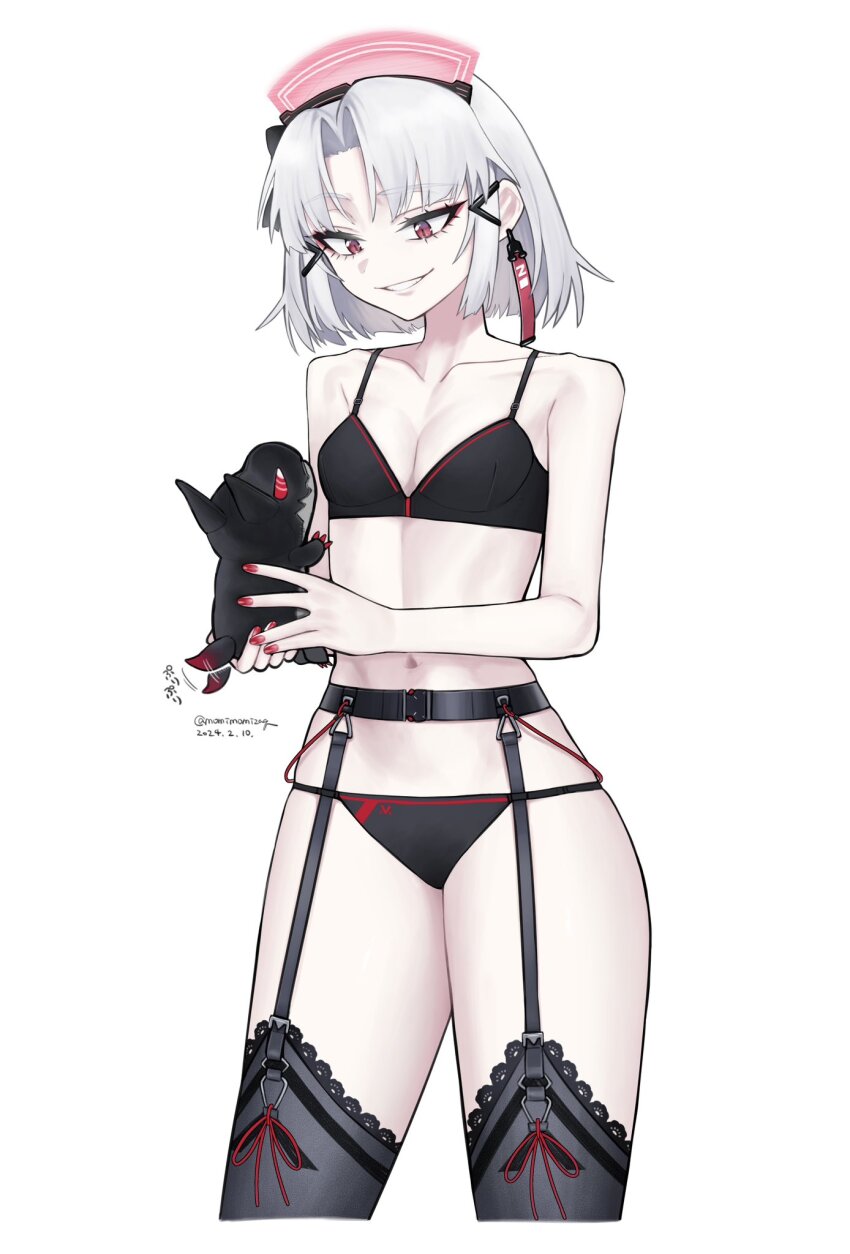 1girl black_bra black_panties black_thighhighs bra breasts closed_mouth dated drake_(maid_for_villain)_(nikke) drake_(nikke) goddess_of_victory:_nikke grin highres holding legwear_garter maid_headdres medium_breasts nikumanman official_alternate_costume panties red_eyes short_hair smile thighhighs twitter_username underwear white_hair