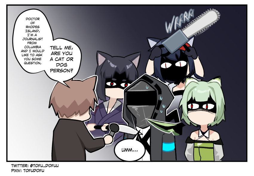 animal_ear_fluff animal_ears arknights bare_shoulders black_hair blaze_(arknights) cat_ears chainsaw doctor_(arknights) dog_ears dress green_dress grey_hair highres interview jacket kal&#039;tsit_(arknights) long_hair long_sleeves microphone multiple_girls off_shoulder saga_(arknights) shaded_face short_hair sweat threat tofudofu