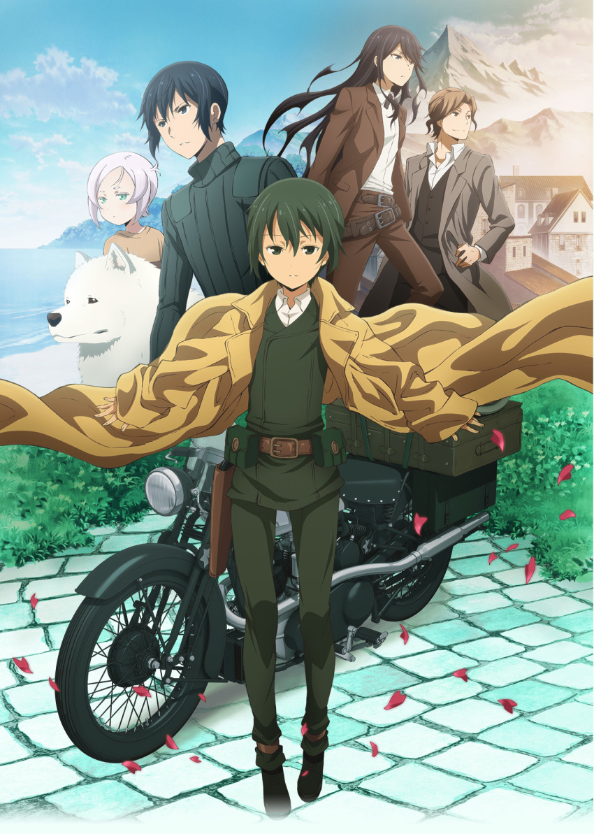 2boys beach belt black_hair brown_eyes brown_hair coat day dog green_eyes hermes_(kino_no_tabi) highres key_visual kino_(kino_no_tabi) kino_no_tabi long_hair motor_vehicle motorcycle mountain multiple_boys multiple_girls official_art petals promotional_art riku_(kino_no_tabi) shirt shizu_(kino_no_tabi) short_hair silver_hair stone_walkway suitcase tea_(kino_no_tabi) turtleneck white_shirt