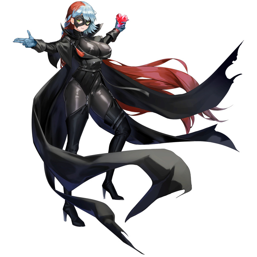 1girl asymmetrical_mask belt between_breasts black_belt black_bodysuit black_boots black_cape black_coat black_mask blue_gloves blue_hair bodysuit boots braid breasts buttons cape catsuit cleavage coat covered_erect_nipples crotch_zipper d-log double-breasted framed_breasts full_body gem gloves green_eyes heart heart-shaped_gem high_collar high_heel_boots high_heels highres holding holding_gem knee_boots large_breasts last_origin light_blue_hair light_smile long_hair looking_at_viewer multicolored_hair multiple_belts neodym official_alternate_costume official_art phantom_thief red_hair side_braid single_braid solo standing tachi-e thigh_belt thigh_strap torn_cape torn_clothes transparent_background two-tone_hair very_long_hair zipper