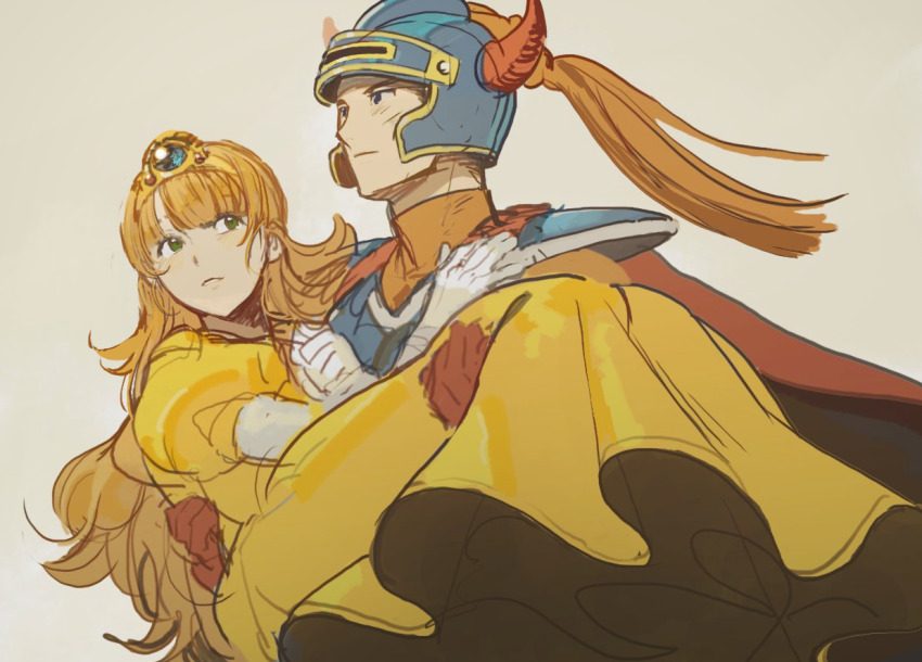 1boy 1girl armor black_eyes blue_armor blue_gemstone blue_helmet blunt_bangs bodysuit cape carrying carrying_person commentary_request couple dragon_quest dragon_quest_i dress fake_horns floating_cape gem gloves green_eyes helmet hero_(dq1) hetero horned_helmet horns long_hair looking_ahead looking_at_another looking_to_the_side orange_bodysuit orange_hair princess princess_carry princess_laura red_cape red_gloves red_horns simu_rr sketch tiara white_background white_gloves yellow_dress