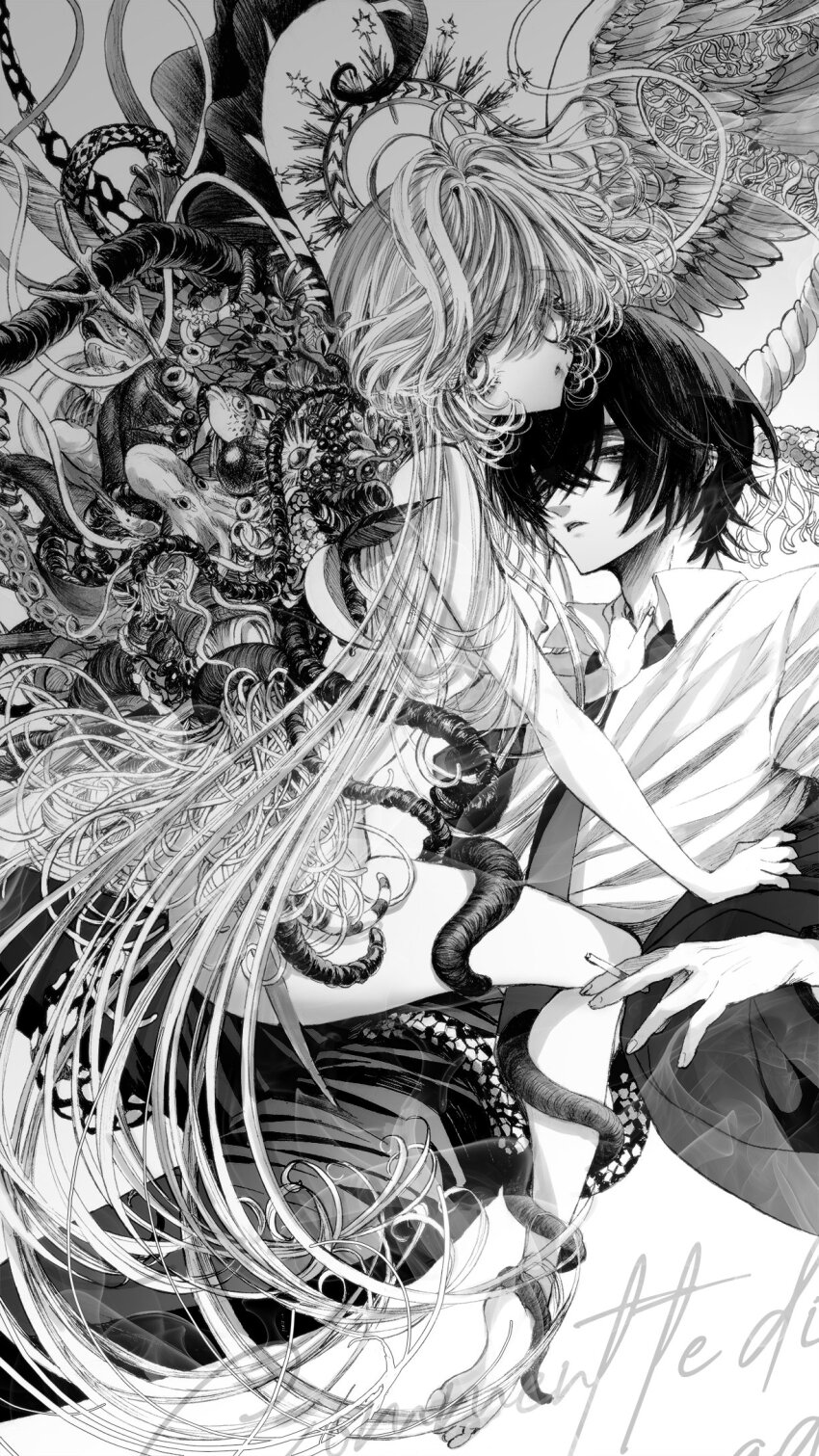 1boy 1girl ass asymmetrical_wings aya_carmine body_horror breasts clothed_male_nude_female commentary_request expressionless feathered_wings flower_wings formal_clothes girl_on_top greyscale hetero highres hitomi_hirosuke_(sayonara_wo_oshiete) jacket leaf_wings long_hair looking_at_viewer mismatched_wings monochrome necktie nipples nude off_shoulder open_clothes open_jacket parted_lips plant_wings sayonara_wo_oshiete small_breasts straddling suction_cups sugamo_mutsuki suit tendril tentacles traditional_media very_long_hair wings