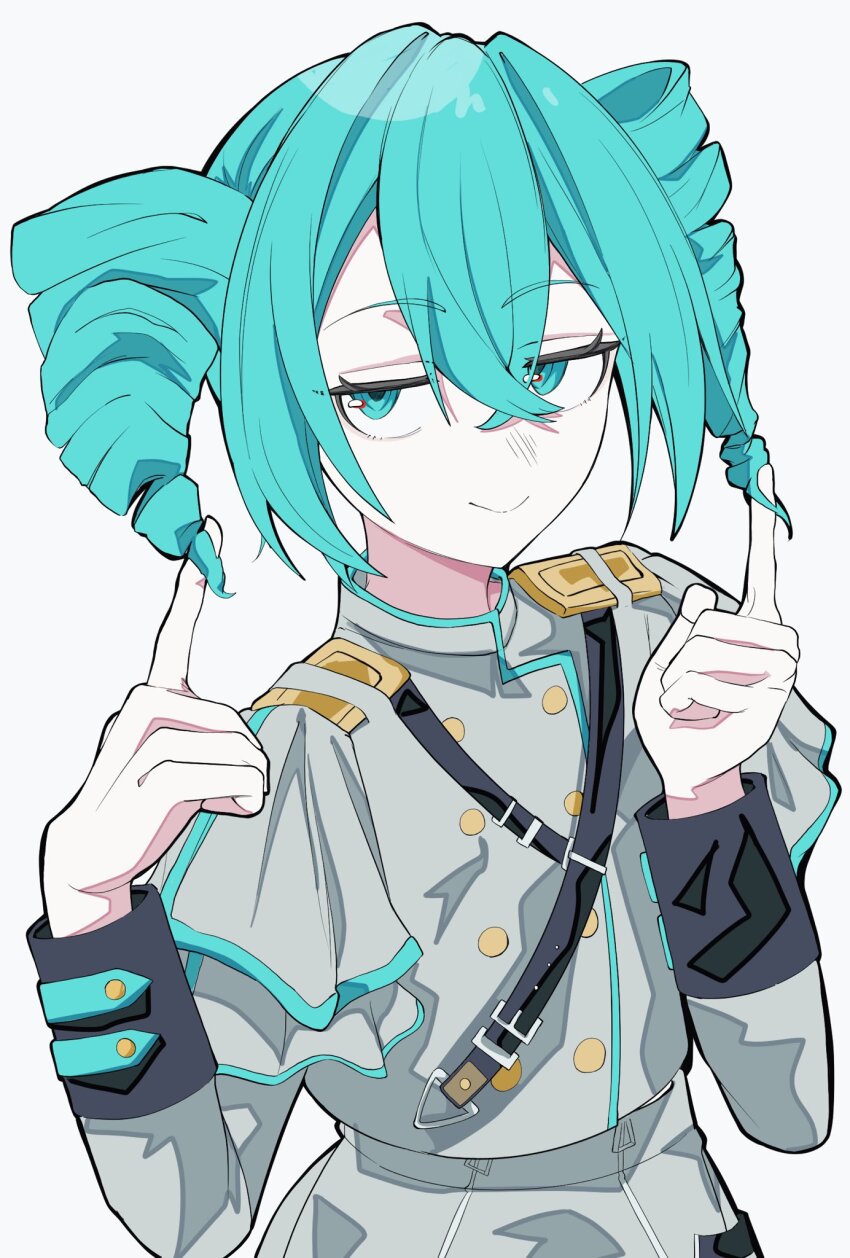 1girl alternate_costume alternate_hairstyle black_sleeve_cuffs blue_hair blue_trim buttons cosplay crossed_bangs double-breasted drill_hair grey_shirt hair_between_eyes hands_up hatsune_miku highres index_finger_raised kasane_teto kasane_teto_(cosplay) kasane_teto_(sv) layered_sleeves long_sleeves looking_at_viewer sacrai shirt shoulder_belt shoulder_boards simple_background smile solo synthesizer_v twin_drills twirling_hair utau white_background