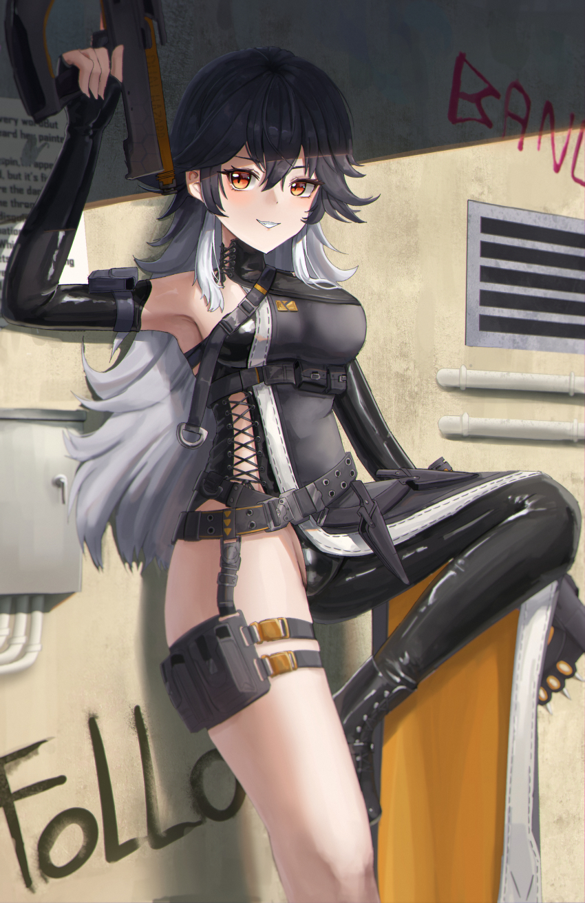 1girl absurdres against_wall armpits black_bodysuit black_gloves black_hair bodysuit breasts commentary elbow_gloves gloves goddess_of_victory:_nikke highres holding holding_weapon just_tume k_(nikke) large_breasts long_hair multicolored_hair pouch red_eyes single_leg_bodysuit solo thigh_pouch thighs two-tone_hair weapon white_hair