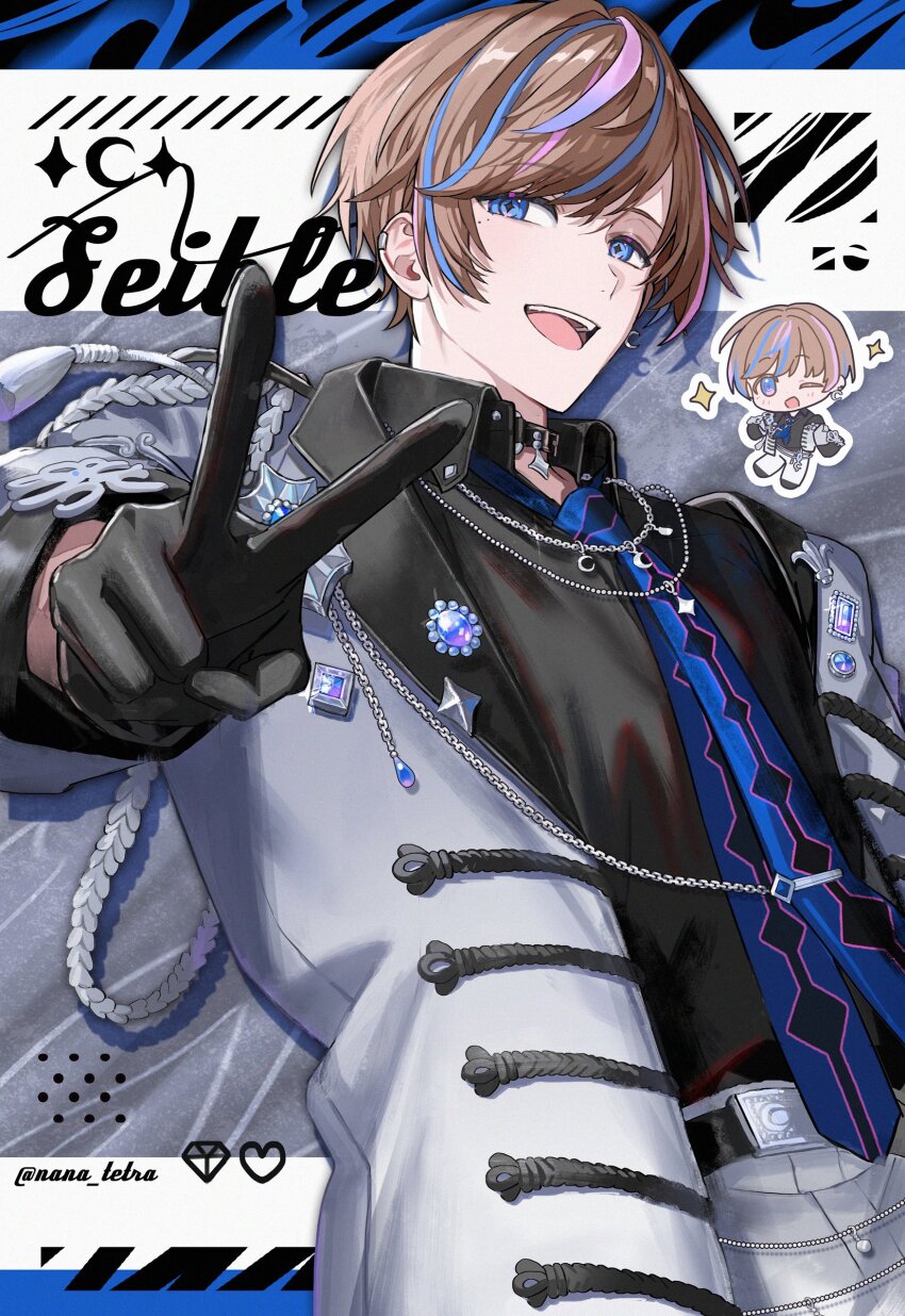 1boy absurdres belt black_choker black_gloves black_shirt blue_eyes blue_hair blue_necktie brown_hair chain chain_necklace character_name chibi choker collared_shirt crescent crescent_earrings earclip earrings gloves grey_jacket hair_between_eyes highres jacket jewelry looking_at_viewer male_focus mole mole_under_eye multicolored_hair nana_tetra necklace necktie nijisanji nijisanji_en open_clothes open_jacket open_mouth pants purple_hair seible_(nijisanji) shirt short_hair solo star-shaped_pupils star_(symbol) star_ornament streaked_hair symbol-shaped_pupils teeth twitter_username upper_body upper_teeth_only v virtual_youtuber white_pants