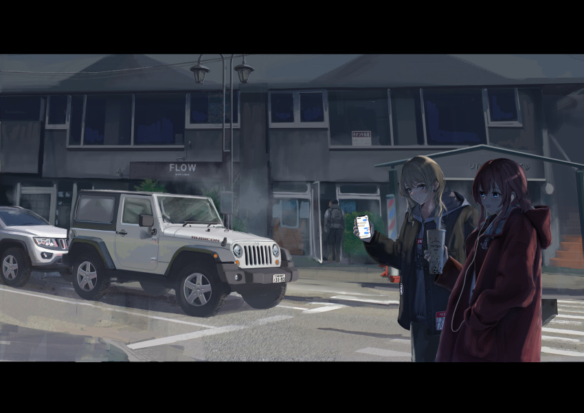 1boy 2girls absurdres black_jacket building car cellphone coat cup disposable_cup drink girls_band_cry grey_hair hand_in_pocket highres holding holding_cup holding_drink holding_phone iseri_nina jacket jeep_(company) jeep_wrangler kawaragi_momoka lamppost letterboxed license_plate long_hair long_sleeves motor_vehicle multiple_girls open_clothes open_jacket outdoors phone red_coat red_hair road short_twintails smartphone sports_utility_vehicle standing twintails vehicle_request white_car window yukikaze_supersylph
