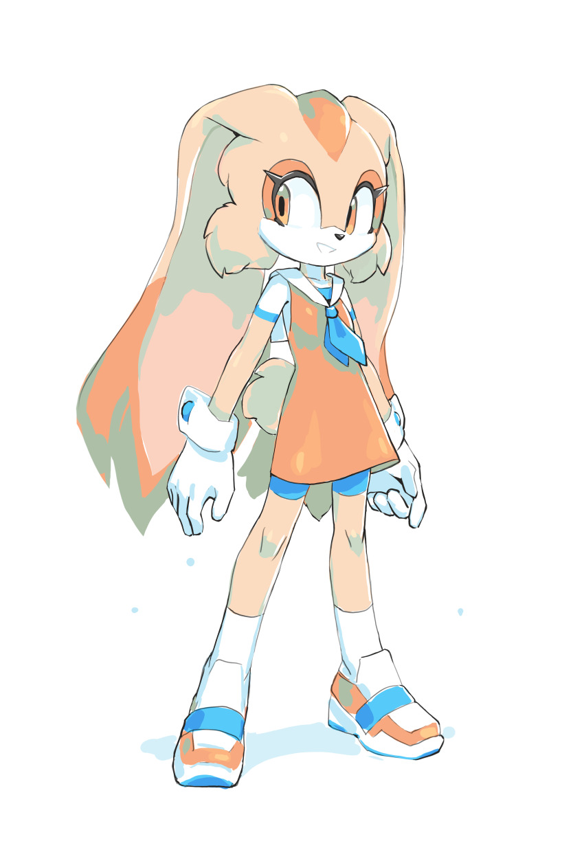 1girl 2022 absurdres animal_ears bike_shorts cream_the_rabbit dress full_body furry furry_female gloves highres krita_(medium) light_smile looking_at_viewer orange_dress orange_eyes parted_lips rabbit rabbit_ears rabbit_girl rabbit_tail sailor_collar shoes short_dress simple_background sneakers socks sonic_(series) tail tsurime tyson_tan white_gloves white_socks