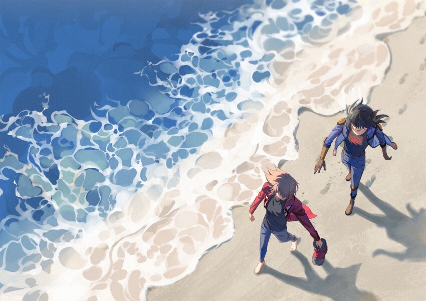 2boys barefoot beach black_hair black_shirt blue_jacket blue_pants brown_gloves brown_hair day footprints from_above fudo_yusei gloves highres holding holding_shoes jacket long_sleeves male_focus multicolored_hair multiple_boys outdoors pants red_jacket s_saremi sand shadow shirt shoes spiked_hair walking water yu-gi-oh! yu-gi-oh!_5d&#039;s yu-gi-oh!_gx yuki_judai