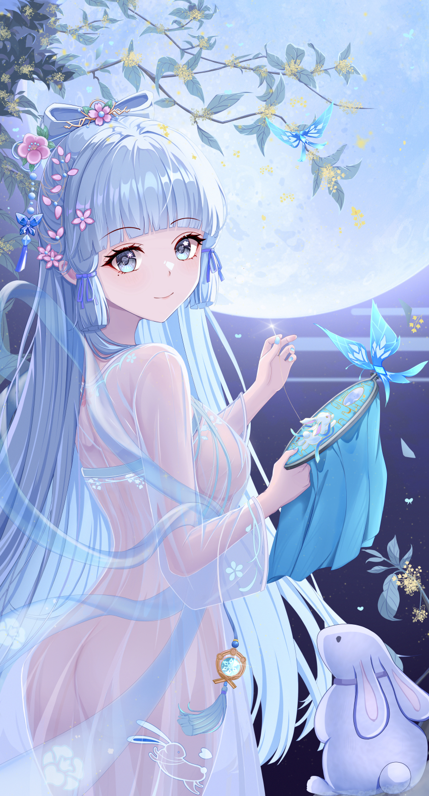 1girl absurdres alternate_costume alternate_hairstyle ass ayaka_(genshin_impact) blue_eyes blue_hair blunt_bangs bow-shaped_hair branch bug butterfly chinese_clothes chinese_commentary commentary_request cryo_symbol_(genshin_impact) crystalfly_(genshin_impact) dress embroidery_hoop flower full_moon genshin_impact gradient_eyes grey_eyes hair_flower hair_ornament hair_ribbon hand_fan hanfu highres holding holding_fan insect long_hair long_sleeves looking_at_viewer moon multicolored_eyes night night_sky osmanthus qixiong_ruqun rabbit ribbon see-through_clothes see-through_dress shawl sidelocks sky smile solo star_(sky) tassel vision_(genshin_impact) zhui_ming_ying_xue