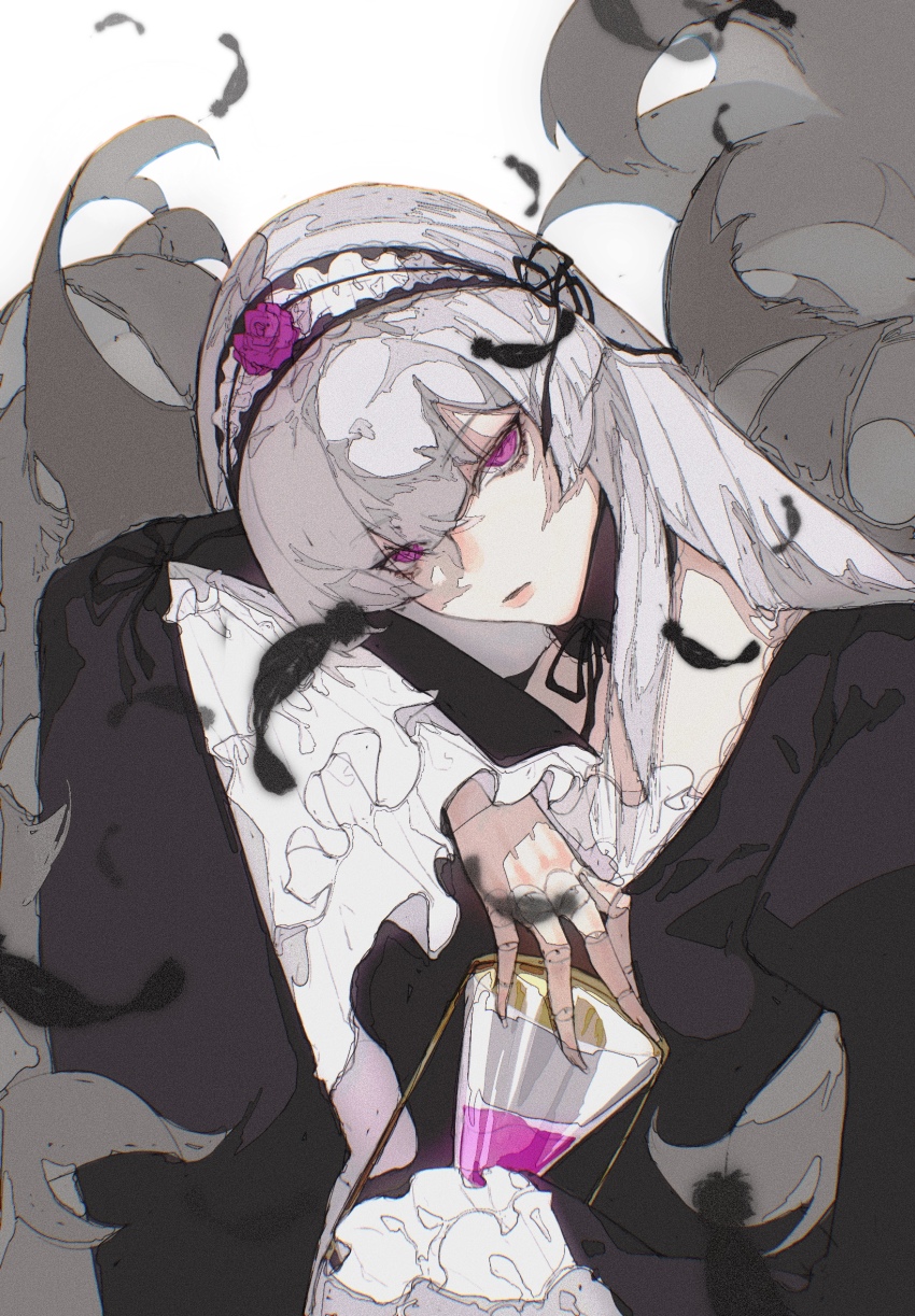 1girl black_dress dress feathers highres long_hair looking_at_viewer purple_eyes rozen_maiden solo suigintou white_hair yinggu