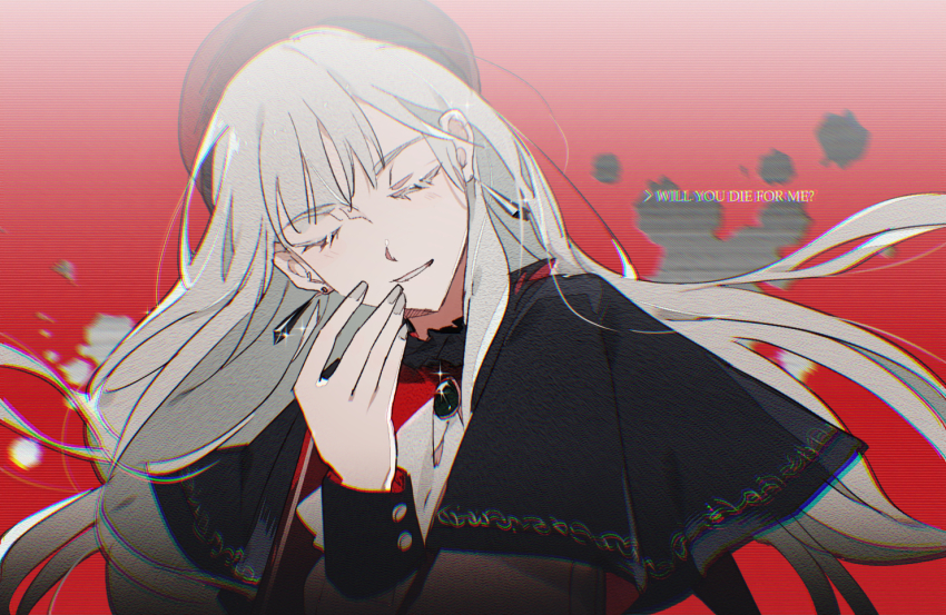 1girl ascot bang_dream! bang_dream!_it&#039;s_mygo!!!!! black_capelet brooch capelet chromatic_aberration closed_eyes colored_eyelashes commentary earrings english_text facing_viewer fingernails floating_hair grey_hair grey_nails hand_up head_tilt jewelry light_smile long_hair long_sleeves mortis_(bang_dream!) mortis_(costume)_(bang_dream!) nail_polish parted_lips red_background reiboubyou simple_background sleeve_cuffs solo sparkle splatter u_u upper_body wakaba_mutsumi white_ascot