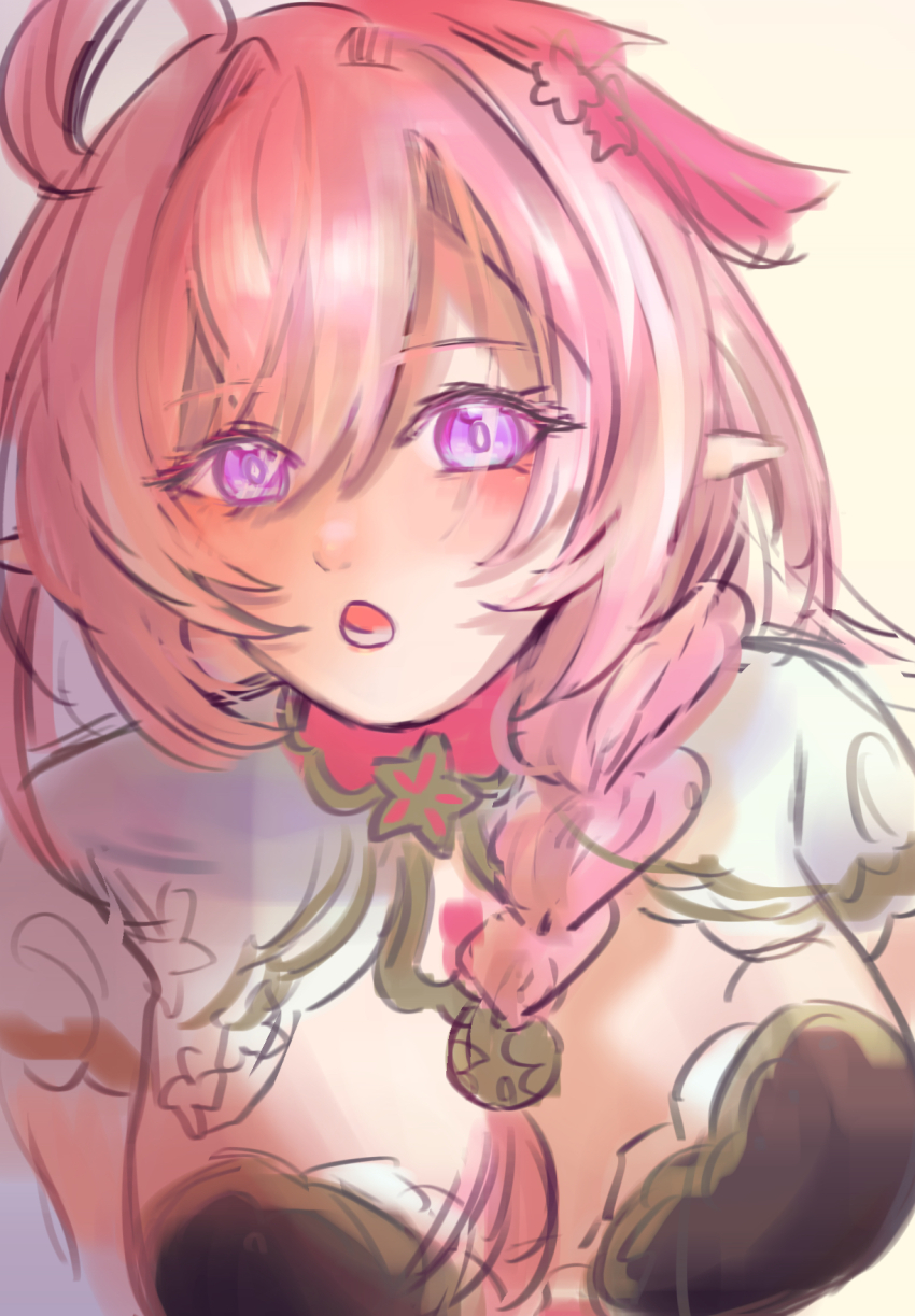 1girl :o braid breasts commentary_request diamond-shaped_pupils diamond_(shape) duoyun_de_tiankong elf elysia_(herrscher_of_human:_ego)_(honkai_impact) elysia_(honkai_impact) elysia_(peachy_spring)_(honkai_impact) flower hair_flower hair_ornament highres honkai_(series) honkai_impact_3rd large_breasts long_hair looking_at_viewer official_alternate_costume pink_hair pointy_ears purple_eyes simple_background single_braid solo symbol-shaped_pupils upper_body white_background