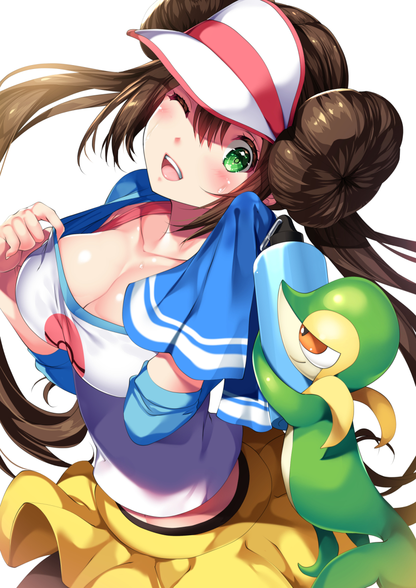 1girl black_pantyhose bottle breasts brown_hair cleavage clip_studio_paint_(medium) commentary_request double_bun gen_5_pokemon green_eyes hair_bun highres holding holding_towel large_breasts long_hair looking_at_viewer nintendo one_eye_closed pantyhose photoshop_(medium) pokemon pokemon_(creature) pokemon_bw2 rosa_(pokemon) shirt shorts simple_background smile snivy tamiya_akito towel twintails very_long_hair visor_cap water_bottle white_background white_headwear white_shirt wiping_sweat yellow_shorts