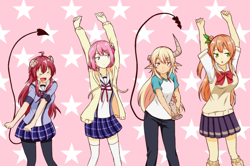 4girls ahoge bad_id bad_pixiv_id blonde_hair blue_eyes blush brown_eyes brown_hair chiyoda_momo dancing demon_girl demon_horns demon_tail hair_bun hair_ornament hinatsuki_mikan hitorilily horns kono_subarashii_sekai_ni_shukufuku_wo! lilith_(machikado_mazoku) long_hair looking_at_viewer machikado_mazoku multiple_girls open_mouth orange_hair pantyhose parody pink_background pink_hair red_eyes school_uniform short_hair side_bun single_hair_bun single_side_bun skirt smile tail tomorrow_(konosuba) yoshida_yuuko_(machikado_mazoku)