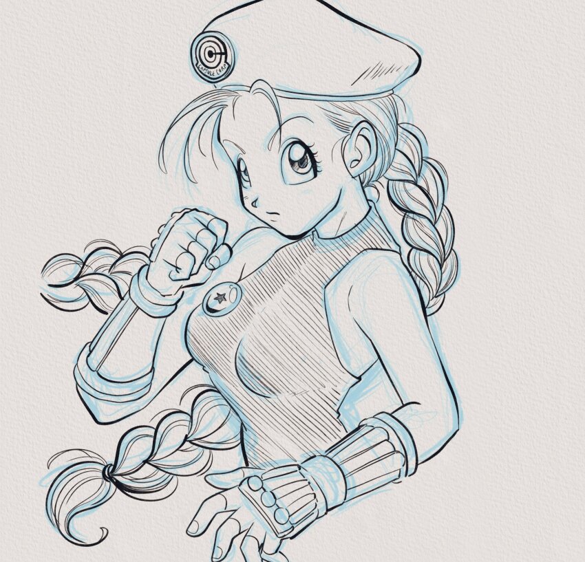 bare_shoulders beret braid bulma cammy_white cammy_white_(cosplay) capsule_corp cosplay crossover dragon_ball dragon_ball_(object) dragonbof fighting_stance fingerless_gloves gauntlets gloves hat highres ink leotard lock long_hair looking_at_viewer street_fighter tagme toriyama_akira_(style) twin_braids