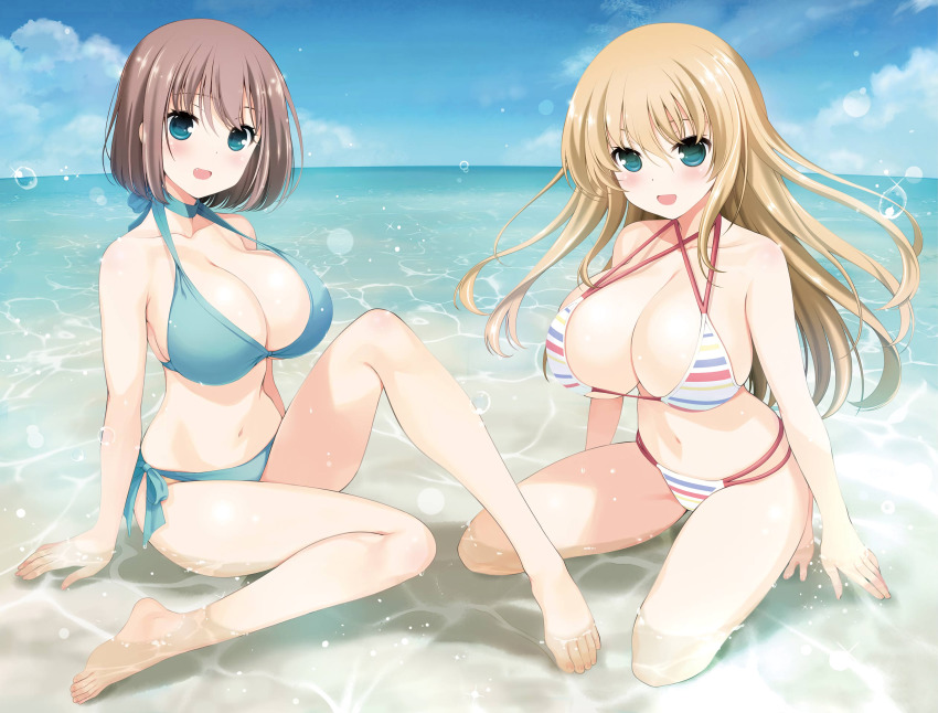 2girls absurdres aqua_bikini arm_support beach bikini blonde_hair breasts brown_hair feet green_eyes highres kneeling kobayashi_ritz large_breasts multiple_girls ocean oohoshi_awai partially_submerged saki_(manga) side-tie_bikini_bottom striped_bikini striped_clothes swimsuit tagme toes unozawa_shiori water wet