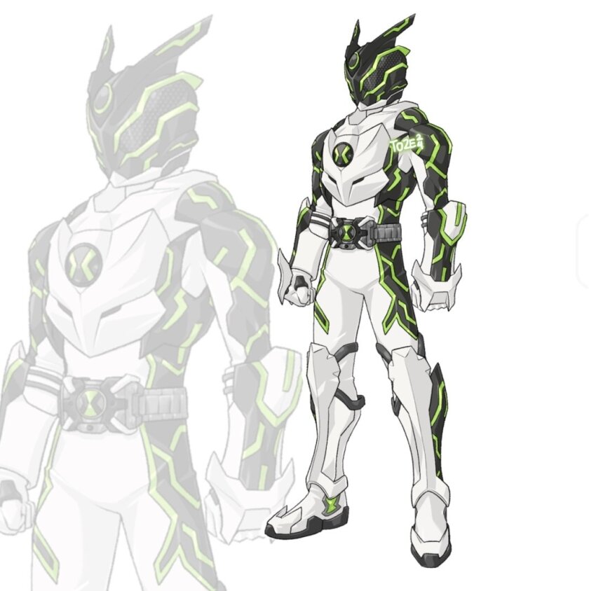 1boy alien alternate_design armor artist_name belt ben_10 ben_10:_alien_force ben_10:_omniverse ben_10:_ultimate_alien ben_tennyson bodysuit breastplate compound_eyes green_light green_pupils helmet kamen_rider omnitrix rider_belt shoulder_armor solo spikes to_ze tokusatsu upgrade_(ben_10)