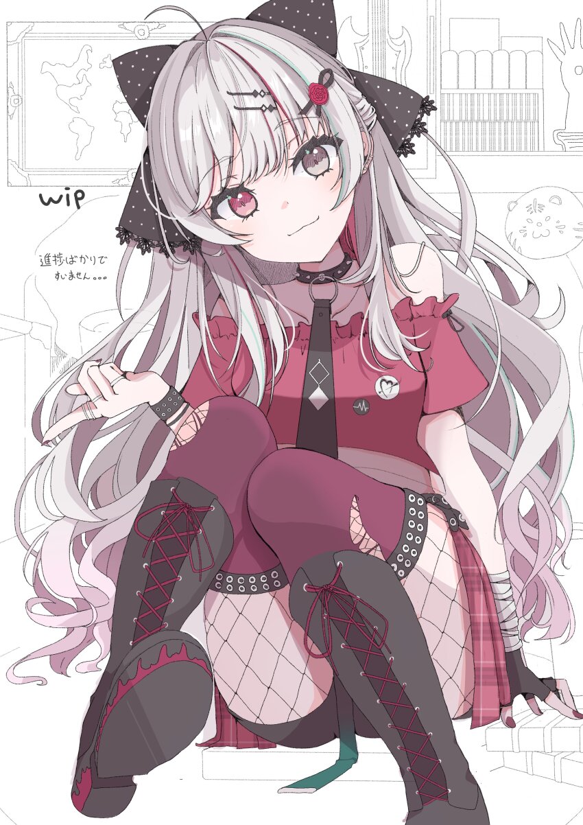 1girl :3 absurdres ahoge black_bow black_collar black_gloves black_necktie bow closed_mouth collar commentary_request fingerless_gloves full_body gloves gradient_hair grey_eyes grey_hair hair_bow hair_ornament heterochromia highres ishigami_nozomi ishigami_nozomi_(1st_costume) jewelry long_hair looking_at_viewer lulu0607 multicolored_hair multiple_rings necktie nijisanji off-shoulder_shirt off_shoulder pin pink_eyes plaid_clothes plaid_skirt pleated_skirt polka_dot polka_dot_bow red_nails red_shirt red_skirt ring shirt side_slit single_glove sitting skirt solo translation_request unfinished virtual_youtuber
