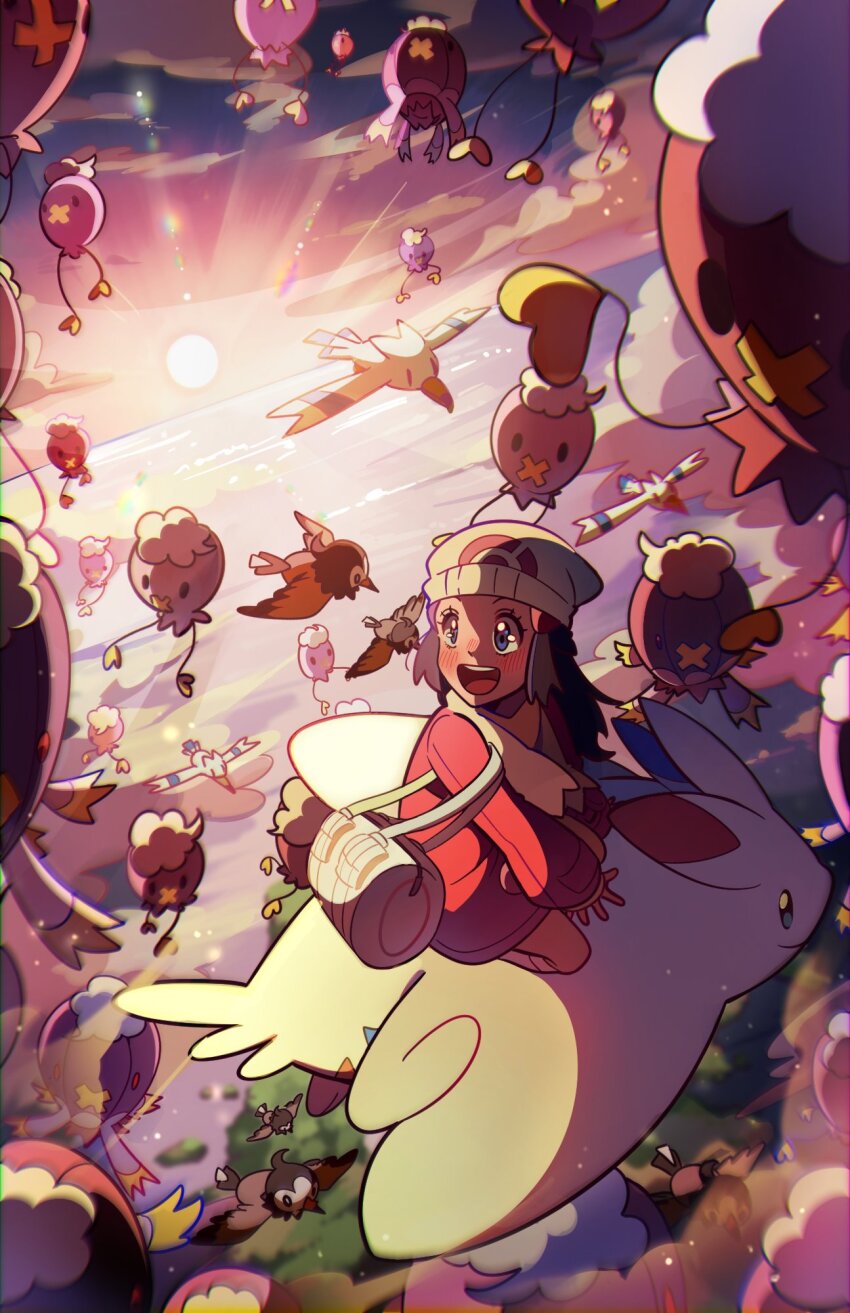 beanie blue_sky blurry blurry_background cloud dawn dawn_(pokemon) drifblim drifloon gen_3_pokemon gen_4_pokemon hat highres horizon nintendo ocean open_mouth pokemon pokemon_(creature) pokemon_dppt pokemon_platinum red_eyes selyg15 sky smile solid_oval_eyes starly sun sunlight teeth togekiss upper_teeth_only water white_bag white_headwear wingull