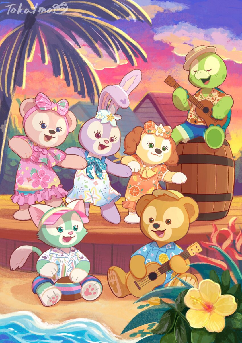 3boys 3girls animal_ears bow cookieann dog dog_ears dog_girl duffy_and_friends duffy_the_disney_bear full_body gelatoni guitar highres holding instrument looking_at_viewer multiple_boys multiple_girls no_humans olu_mel rabbit_ears rabbit_girl shelliemay shirt smile standing stellalou stuffed_animal stuffed_toy takatmaorange turtle_boy