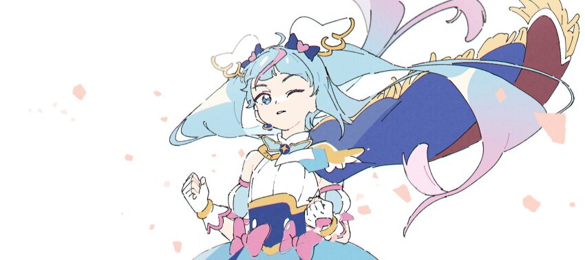 1girl blue_bow blue_eyes blue_hair blue_skirt bow cure_sky detached_sleeves earrings fingerless_gloves floating_clothes floating_hair ginjiro_(ginjiroxx) gloves gradient_hair hair_ornament hands_up highres hirogaru_sky!_precure jewelry long_hair looking_at_viewer magical_girl multicolored_hair one_eye_closed petals pink_bow pink_hair precure puffy_detached_sleeves puffy_sleeves shirt skirt solo sora_harewataru streaked_hair twintails very_long_hair white_background white_gloves white_shirt wind wing_hair_ornament