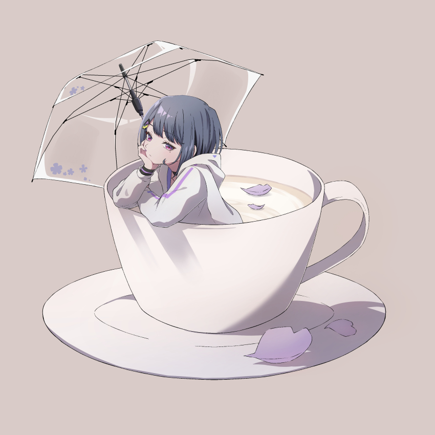 1girl absurdres akashi_(4kc_27) black_choker choker cup expressionless grey_hair hair_ornament hairclip hand_on_own_face highres hood hood_down hoodie in_container in_cup koshimizu_toru looking_to_the_side mole mole_under_eye nijisanji petals purple_eyes saucer sidelocks simple_background solo swept_bangs teacup transparent transparent_umbrella umbrella virtual_youtuber white_hoodie