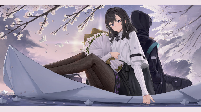 1girl 1other absurdres arknights back-to-back black_boots black_hair black_jacket black_skirt boat boots bouquet brown_pantyhose cloud commentary day doctor_(arknights) english_commentary flower goback grey_eyes grey_pants hair_between_eyes highres hood hood_up hooded_jacket hugging_object jacket juliet_sleeves long_sleeves looking_at_viewer origami outdoors pants pantyhose petals priestess_(arknights) puffy_sleeves shirt shoe_soles sitting skirt sunlight water watercraft white_flower white_shirt