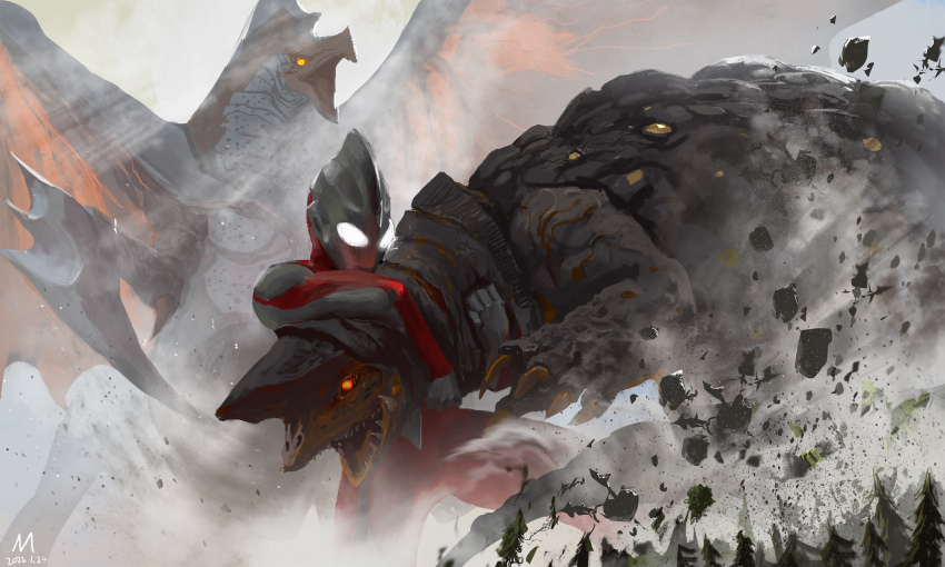 1boy 2others absurdres alien claws colored_skin commentary compound_eyes dated debris dorsal_fin fighting forest glowing glowing_eyes golza grey_skin headlock highres manhuajiazhishen melba_(ultra_series) monster multicolored_skin multiple_others nature red_skin signature tokusatsu tree ultra_series ultraman_tiga ultraman_tiga_(power_type) ultraman_tiga_(series) white_eyes