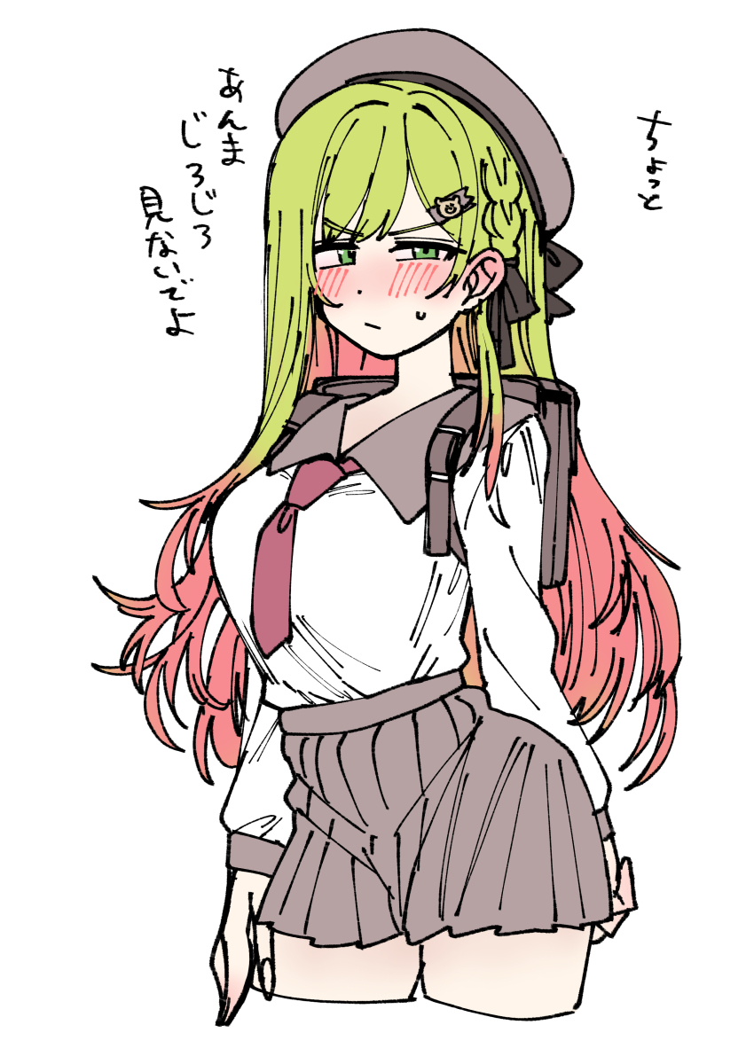 1girl absurdres bag bear_hair_ornament blush braid breasts brown_collar brown_skirt collar commentary_request cowboy_shot dot_nose embarrassed frown gradient_hair green_eyes green_hair hair_ornament highres large_breasts long_hair long_sleeves miniskirt morinaka_kazaki morinaka_kazaki_(11th_costume) morinaka_kazaki_(adult) multicolored_hair narrow_waist necktie nijisanji pink_hair pleated_skirt red_necktie sailor_collar school_bag school_uniform serafuku shirt shirt_tucked_in shoulder_bag skirt solo sweat sweatdrop talking taut_clothes taut_shirt taut_skirt tented_shirt thighs translation_request tsuukon_(tukonn) virtual_youtuber white_background white_shirt