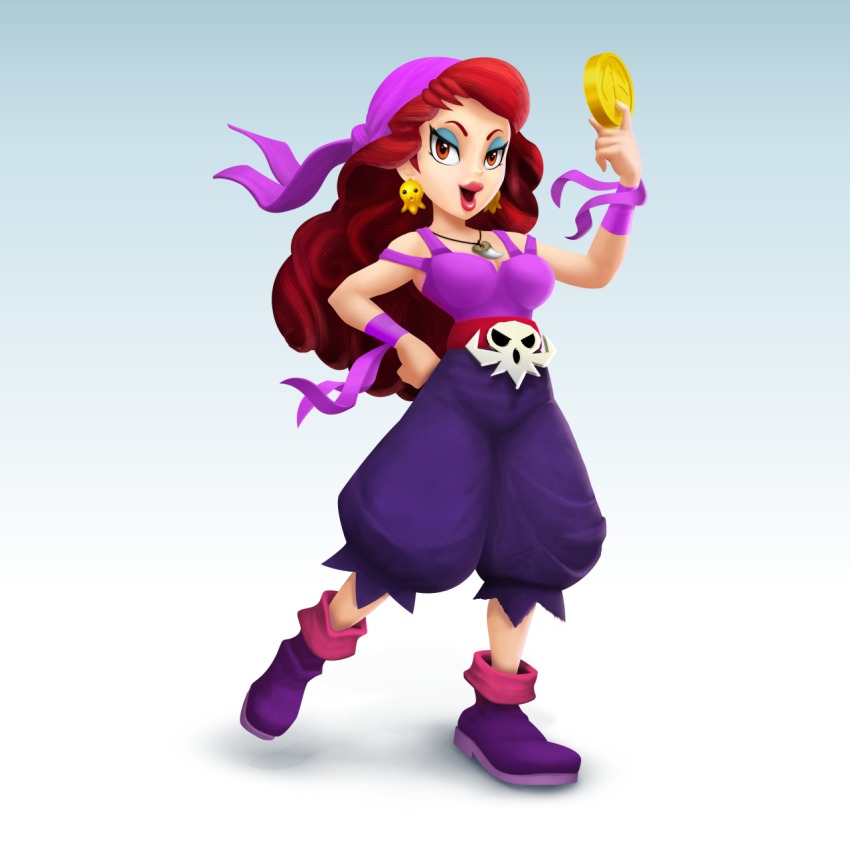 1girl arettes bandana captain_syrup coin eyeshadow highres lips long_hair looking_at_viewer make makeup nintendo pants pirate red_eyes red_hair shoes skull tagme tomboy wario_land wario_land:_shake_it!