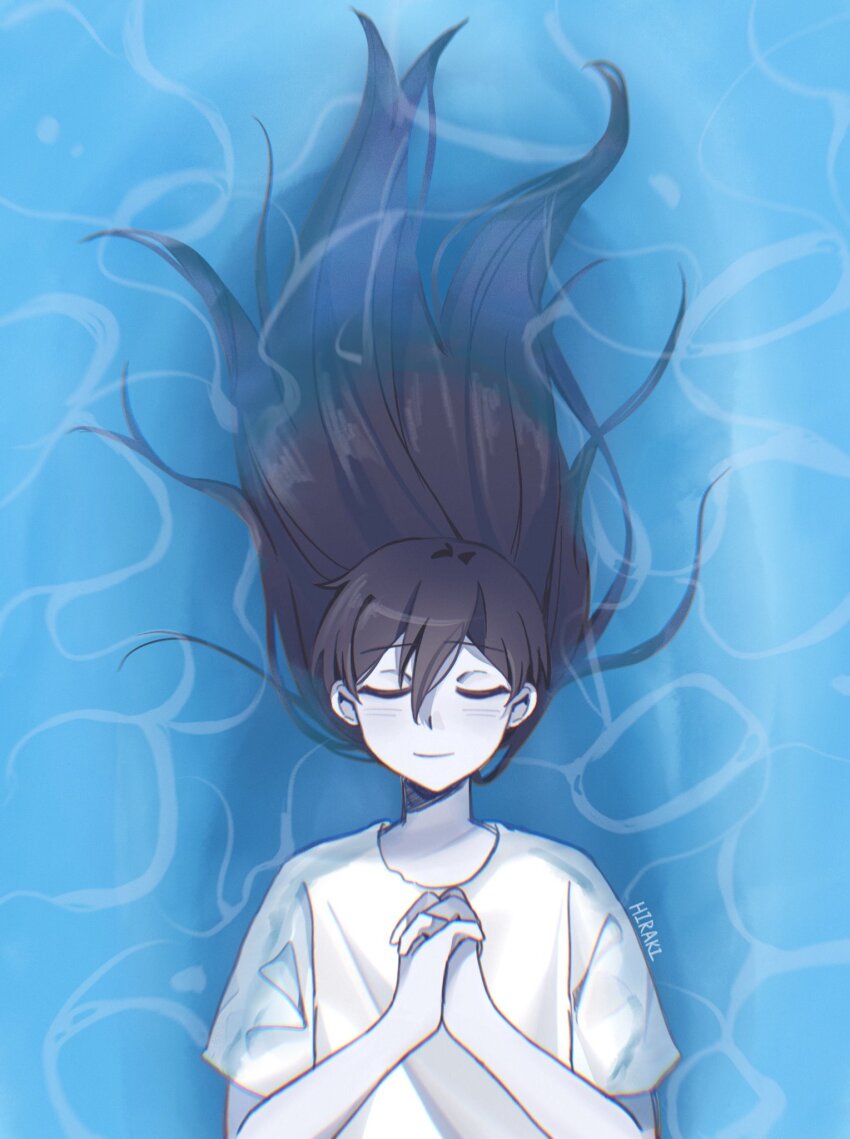 1girl aoihiraki artist_name black_hair blush closed_eyes closed_mouth colored_skin commentary double-parted_bangs dress english_commentary floating_on_back hair_between_eyes highres interlocked_fingers long_hair lying mari_(omori) mari_(spirit)_(omori) omori on_back own_hands_clasped own_hands_together short_sleeves smile solo upper_body water white_dress white_skin