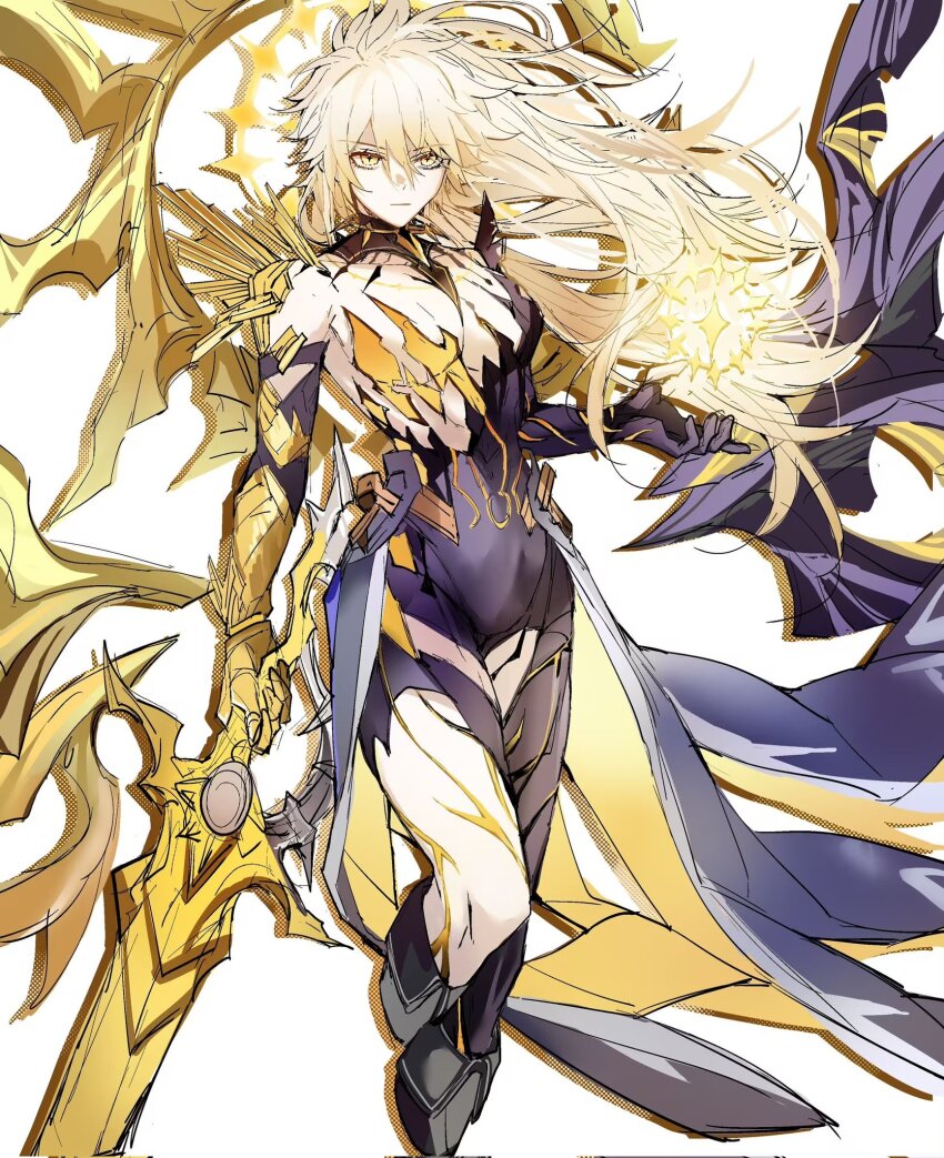 1girl 2357439177z alternate_form asymmetrical_wings black_shirt black_wings blonde_hair breasts clawed_gauntlets commentary_request cracked_skin genderswap genderswap_(mtf) hair_between_eyes halo halo_behind_head highres holding holding_sword holding_weapon honkai:_star_rail honkai_(series) long_hair material_growth medium_breasts phainon_(honkai:_star_rail) shirt simple_background solo_focus sword torn_clothes torn_shirt weapon white_background wings yellow_blood yellow_eyes yellow_halo yellow_wings
