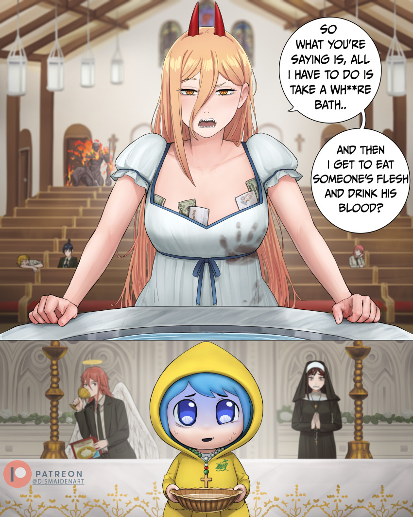 3boys 4girls absurdres angel_devil_(chainsaw_man) angel_wings artist_name awkward black_hair blonde_hair blue_eyes blue_hair breasts brown_hair censored_profanity chainsaw_man chalice church cross-shaped_pupils cup demon_girl demon_horns denji_(chainsaw_man) dismaiden dress drinking english_text fire hair_between_eyes halo handprint hayakawa_aki hell_devil_(chainsaw_man) higashiyama_kobeni highres hood hood_up horns indoors jubilee_2025 long_hair_between_eyes luce_(jubilee_2025) makima_(chainsaw_man) medium_breasts misunderstanding money multiple_boys multiple_girls nun patreon_logo patreon_username power_(chainsaw_man) raincoat red_hair red_horns rosary sharp_teeth sleeping speech_bubble sweat symbol-shaped_pupils teeth topknot traditional_halo tucked_money uncomfortable white_dress wings yellow_eyes yellow_raincoat