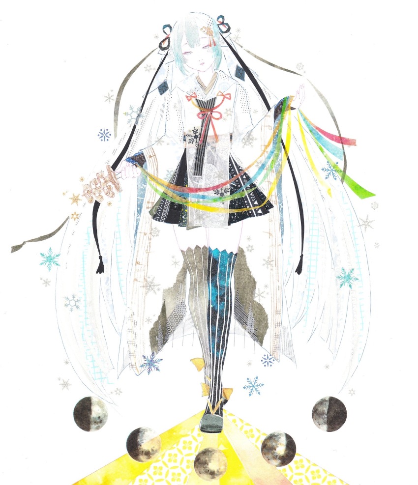 1girl aqua_ribbon bell black_ribbon black_shoes black_skirt black_sleeves black_thighhighs bow chihaya_(clothing) footwear_bow green_ribbon grey_eyes grey_hair hair_ribbon half-closed_eyes hand_up hatsune_miku highres holding holding_instrument holding_ribbon instrument jingle_bell kagura_suzu layered_sleeves long_hair masking_tape_(medium) mixed_media moon nostrils oikoko_koko parted_lips red_ribbon ribbon shoes sidelocks skirt sleeves_past_wrists snowflakes solo standing striped_clothes striped_thighhighs thighhighs thighs traditional_media twintails unconventional_media vertical-striped_clothes vertical-striped_thighhighs very_long_hair vocaloid white_background white_hair white_ribbon wide_sleeves yellow_bow yellow_ribbon yuki_miku yuki_miku_(2018) zettai_ryouiki