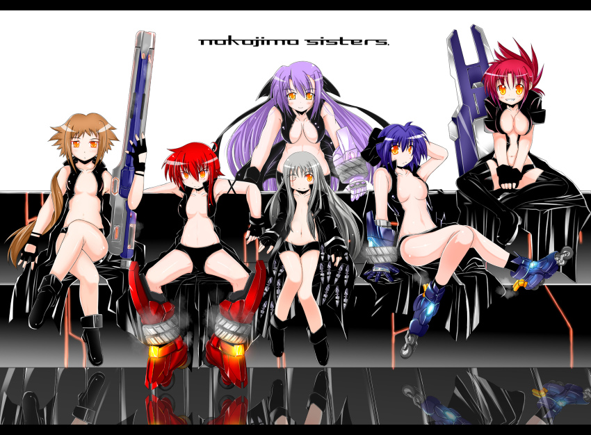 00s 6+girls alternate_costume breasts cinque_(nanoha) cleavage dieci_(nanoha) ginga_nakajima highres legs letterboxed lyrical_nanoha mach_caliber mad_(hazukiken) mahou_shoujo_lyrical_nanoha mahou_shoujo_lyrical_nanoha_strikers medium_breasts multiple_girls nove_(nanoha) numbers_(nanoha) panties reflection revolver_knuckle siblings sisters sitting small_breasts subaru_nakajima thighhighs underwear wendi_(nanoha)