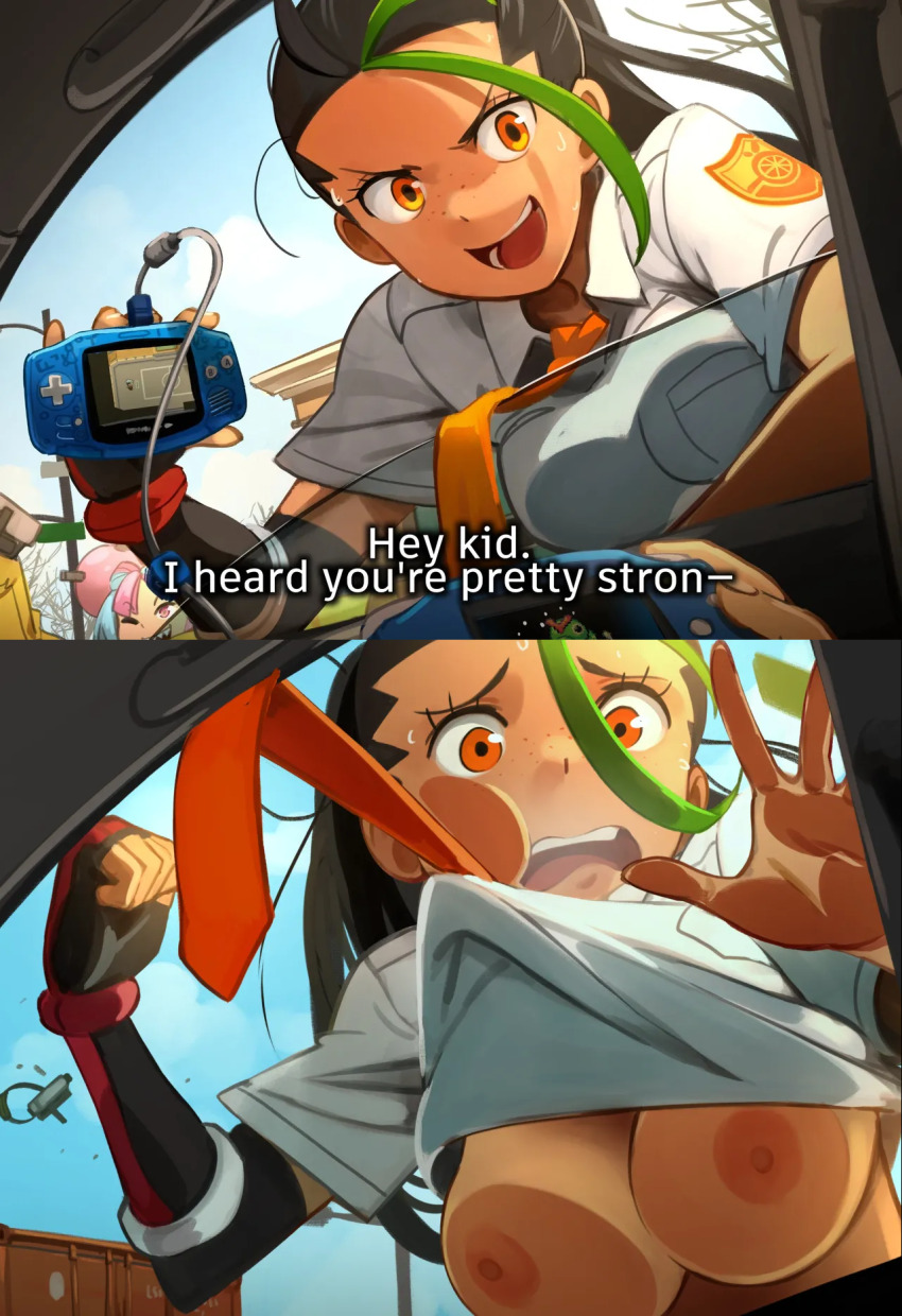 1other 2girls :d against_glass black_hair blue_hair breast_press breasts car_interior cheek_squash clothes_lift collared_shirt commentary dark-skinned_female dark_skin english_commentary english_text fingerless_gloves freckles game_boy_advance gen_1_pokemon glass gloves green_hair hand_on_glass handheld_game_console highres iono_(pokemon) jacket khyle. long_hair medium_breasts metapod multicolored_hair multiple_girls necktie nemona_(pokemon) nintendo nipples open_mouth orange_eyes orange_necktie pink_eyes pink_hair pokemon pokemon_sv pov pov_focus pov_hands school_uniform sharp_teeth shirt shirt_lift smile solo_focus streaked_hair teeth white_shirt yellow_jacket