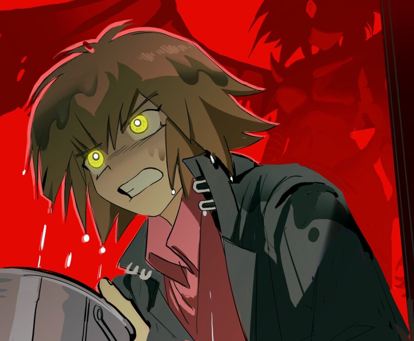 1boy 1other black_jacket brown_hair highres jacket male_focus medium_hair red_background red_shirt shirt simple_background solo_focus upper_body wet yellow_eyes yoon_da1297 yu-gi-oh! yu-gi-oh!_gx yubel yuki_judai