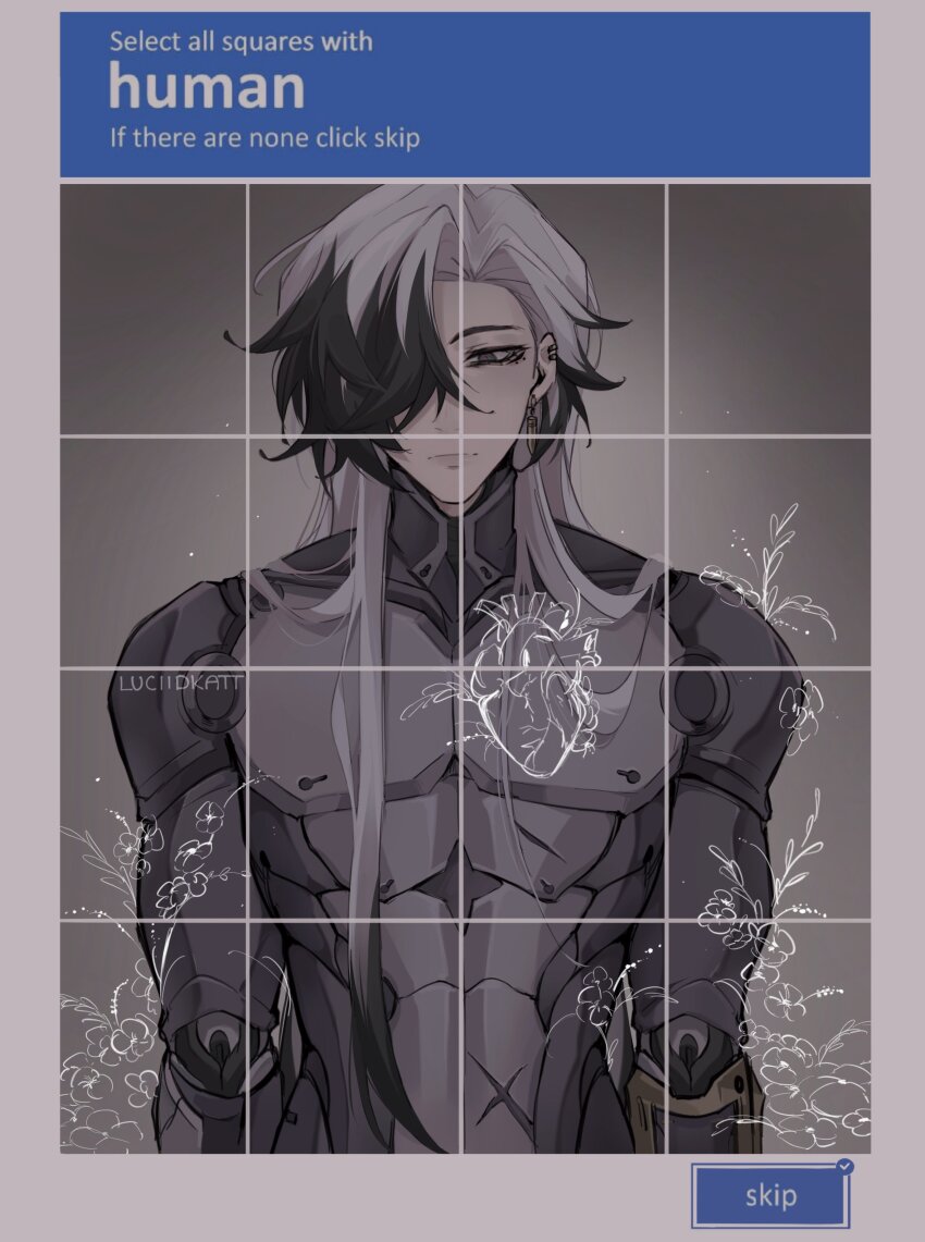 1boy absurdres artist_name black_eyes black_hair boothill_(honkai:_star_rail) bullet_earrings captcha closed_mouth commentary crossed_bangs cyborg ear_piercing earrings english_commentary english_text expressionless flower gold_earrings grey_background hair_between_eyes hair_over_one_eye highres honkai:_star_rail honkai_(series) jewelry long_hair looking_at_viewer luciidkatt male_focus mole mole_under_eye multicolored_hair one_eye_covered parted_bangs piercing red_pupils solo streaked_hair topless_male upper_body white_hair