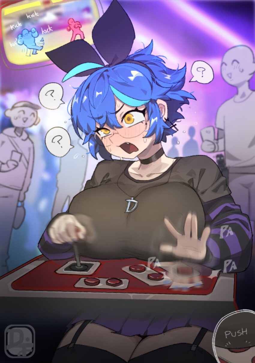 1girl ? ahoge arcade arcade_cabinet black_bow black_choker black_shirt blue_hair blush bow breast_press breasts choker collarbone confused controller dif_(difman) difman earrings fang garter_straps hair_between_eyes hair_bow huge_breasts indoors jewelry joystick legs_together light_blue_hair mole mole_on_thigh mole_under_eye motion_blur multicolored_hair multiple_others necklace open_mouth original purple_shirt purple_skirt rimless_eyewear shirt short_hair sitting skirt streaked_hair striped_sleeves sweat thick_thighs thighs video_game yellow_eyes you&#039;re_doing_it_wrong