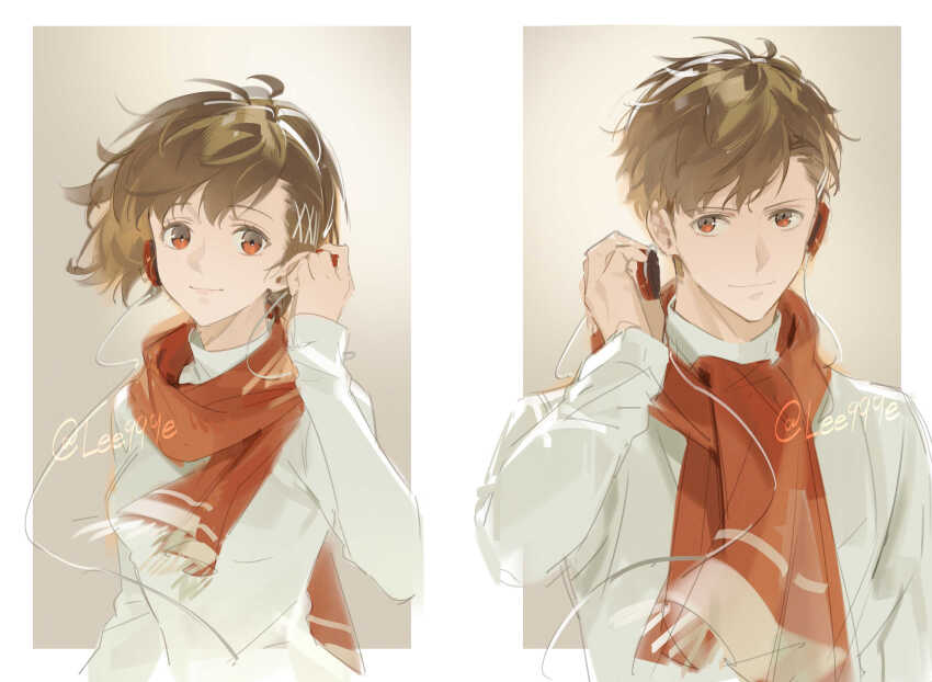 1boy 1girl breasts brown_eyes brown_hair closed_mouth commentary earphones eyelashes genderswap genderswap_(ftm) hair_ornament hairclip highres lee999nine long_sleeves looking_at_viewer medium_breasts persona persona_3 persona_3_portable ponytail red_eyes red_scarf scarf shiomi_kotone simple_background sweater symbol-only_commentary twitter_username upper_body white_sweater