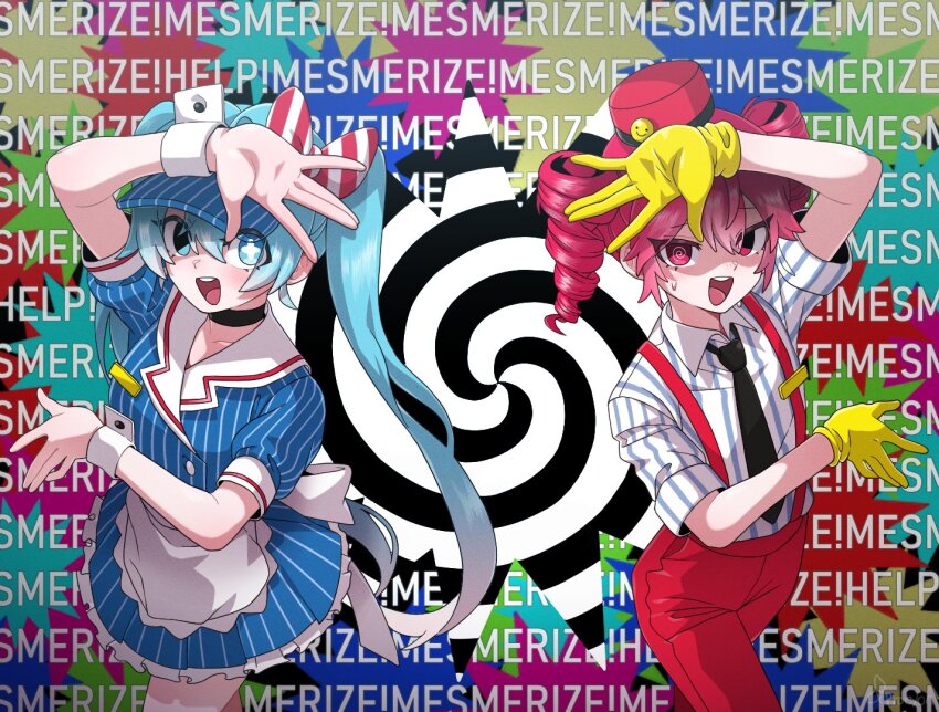2girls alternate_costume apron aqua_background arm_up black_background black_choker black_necktie blue_background blue_eyes bow buttons choker collarbone collared_shirt colorful_background cowboy_shot cross-shaped_pupils diagonal-striped_bow double-parted_bangs dress drill_hair flat_chest gloves green_background hair_between_eyes hand_up hands_up hat hat_bow hatsune_miku kasane_teto long_hair mesmerizer_(vocaloid) multiple_girls necktie open_mouth pants pink_background pinstripe_dress pinstripe_hat pinstripe_pattern procyon puffy_short_sleeves puffy_sleeves red_bow red_eyes red_hat red_pants shirt short_sleeves sleeves_rolled_up smiley_hat_ornament spiral striped_clothes striped_shirt sweatdrop symbol-shaped_pupils teeth twin_drills twintails two-tone_bow upper_teeth_only utau very_long_hair visor_cap vocaloid waist_apron white_apron white_background white_bow white_wrist_cuffs wing_collar wrist_cuffs yellow_background yellow_gloves