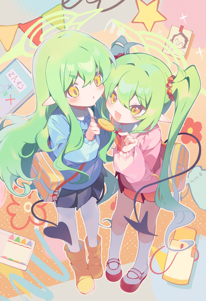 2girls absurdres bag black_tail blue_archive blue_shirt blue_skirt boots collared_shirt commentary_request crime_prevention_buzzer_threat demon_tail doodle_sensei_(blue_archive) fang full_body green_hair green_halo hair_between_eyes hair_bobbles hair_ornament halo highres hikari_(blue_archive) index_finger_raised kindergarten_bag kindergarten_uniform long_hair long_sidelocks long_sleeves multiple_girls nozomi_(blue_archive) open_mouth pantyhose pink_shirt pleated_skirt pointy_ears puffy_long_sleeves puffy_sleeves red_skirt sensei_(blue_archive) shirt shoes shoulder_bag sidelocks skin_fang skirt smile socks standing tail teoskyrios twintails uwabaki very_long_hair white_pantyhose white_shoes white_socks yellow_bag yellow_boots yellow_eyes