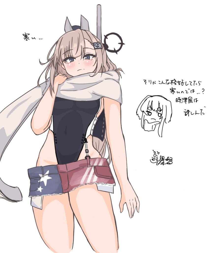 2girls american_flag american_flag_print american_flag_skirt black_one-piece_swimsuit commentary_request denim denim_skirt flag_print grey_eyes grey_hair headgear highleg highleg_one-piece_swimsuit highres kantai_collection long_hair multiple_girls okina_admiral one-piece_swimsuit print_skirt scarf skirt solo_focus super_highleg swimsuit tokitsukaze_(kancolle) translation_request two-tone_one-piece_swimsuit wahoo_(kancolle) white_scarf