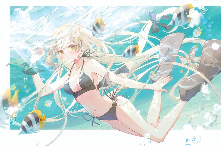 1girl bikini black_bikini fish full_body green_eyes highres ibara_riato long_hair looking_at_viewer navel original swimsuit underwater very_long_hair water